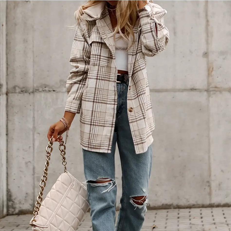 Khaki Plaid Removable Hood Buttoned Shacket