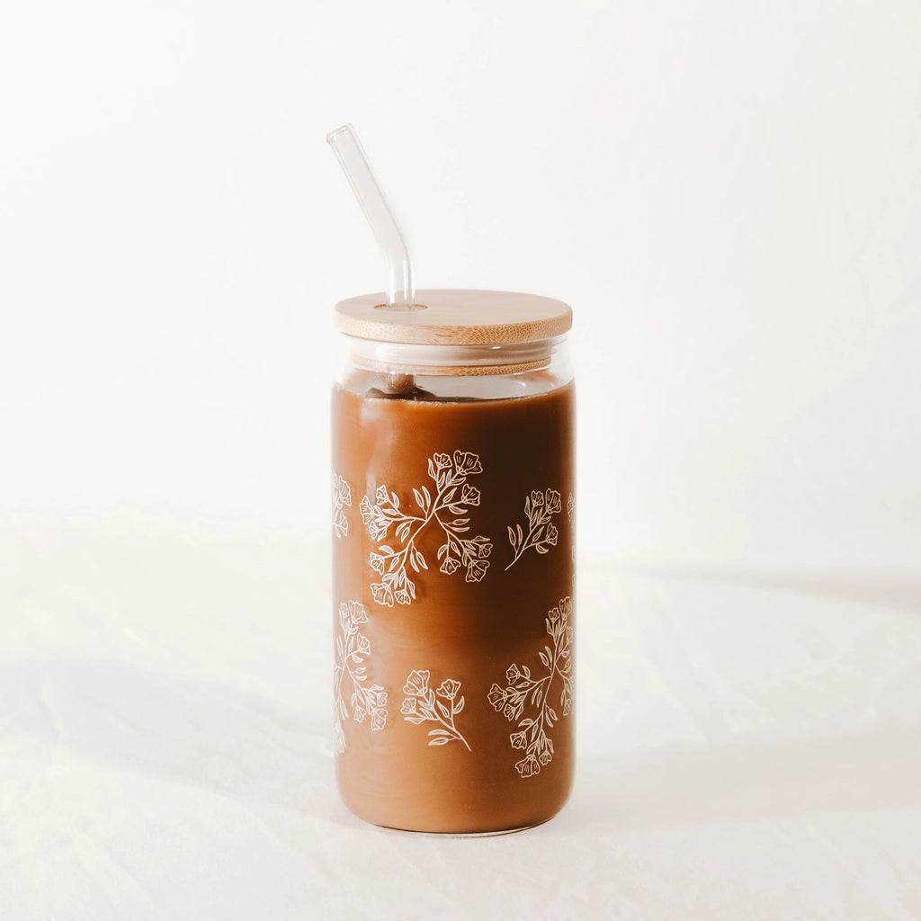 White Floral Iced Coffee Glass