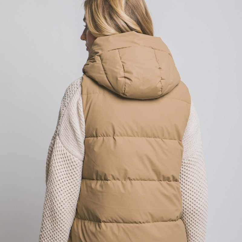 Camel Hooded Long Puffer Vest