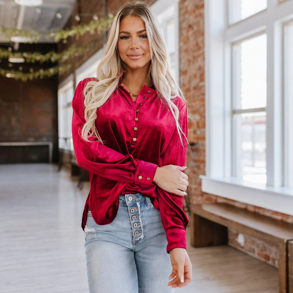 Red Long Sleeve Velvet Blouse