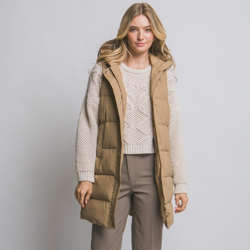 Camel Hooded Long Puffer Vest