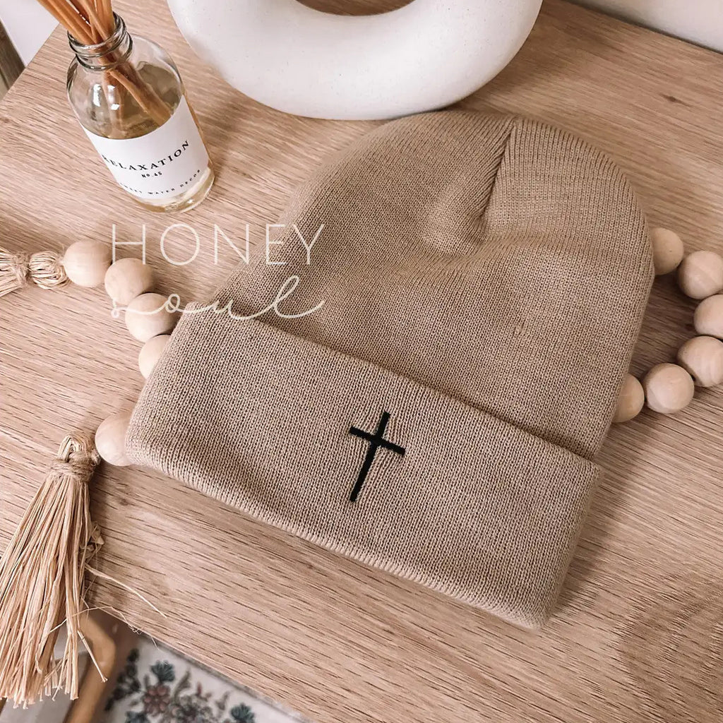 Embroidered Cross Knit Beanie