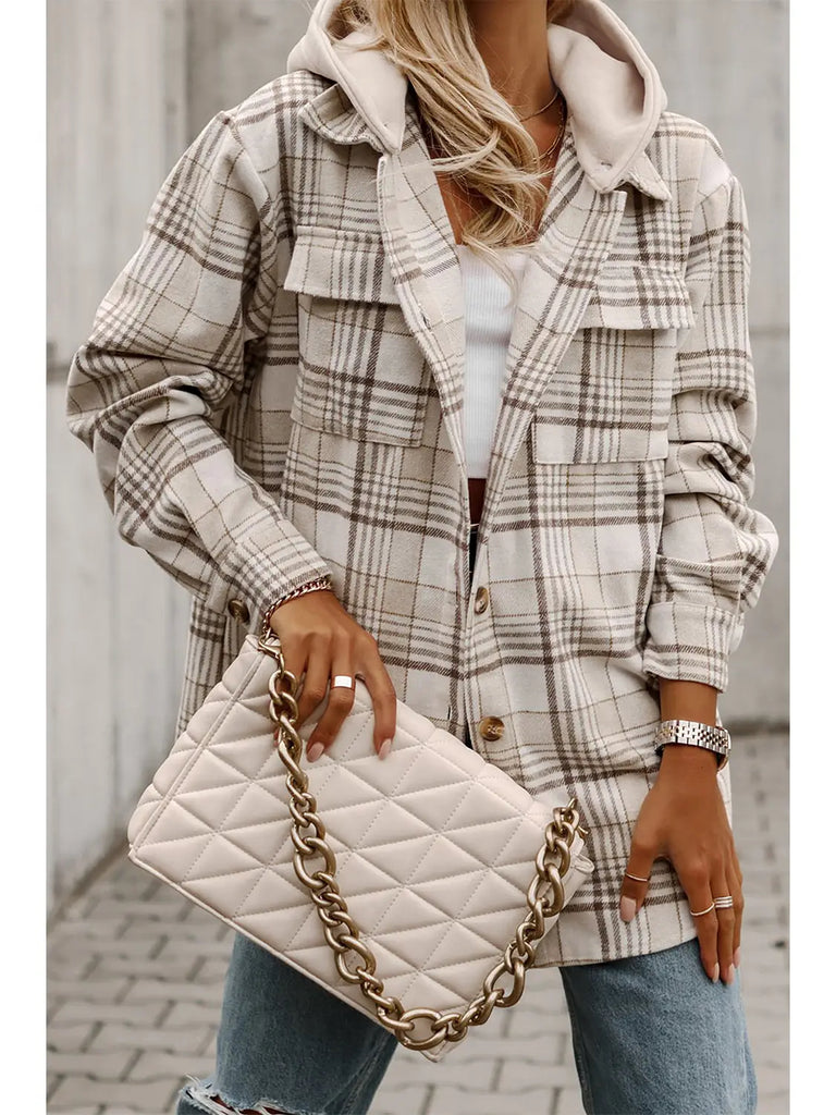 Khaki Plaid Removable Hood Buttoned Shacket
