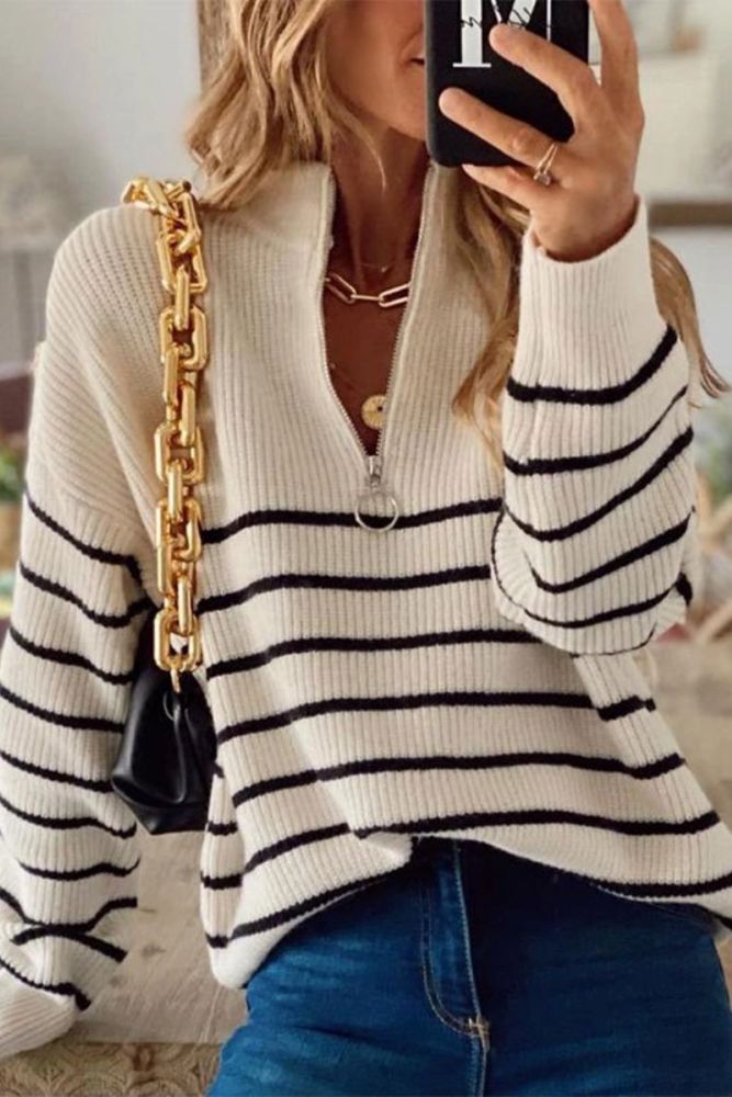 Beige Striped Zip-Up Sweater