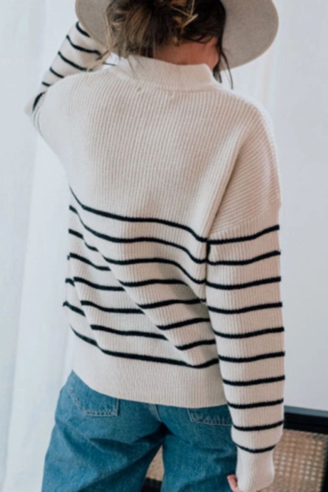 Beige Striped Zip-Up Sweater