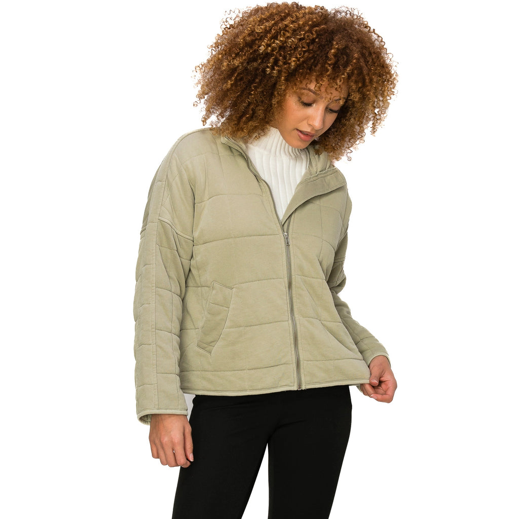 Quilted Front Zip Up Jacket - Olive