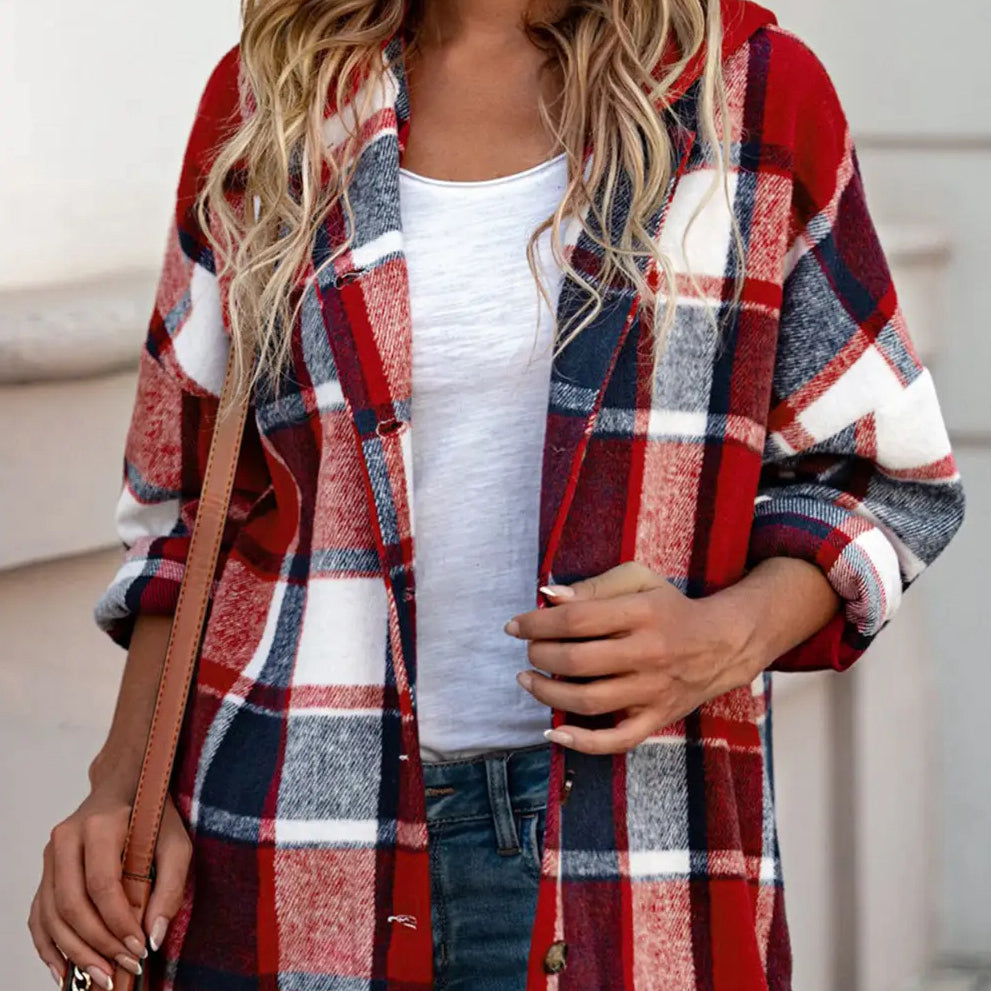Red Plaid Button Front Hooded Shacket