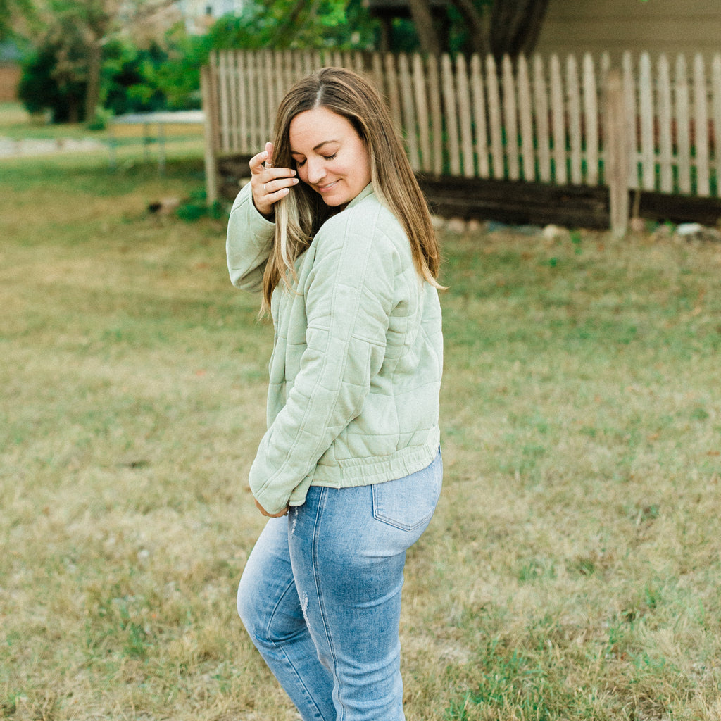 Quilted Front Zip Up Jacket - Olive