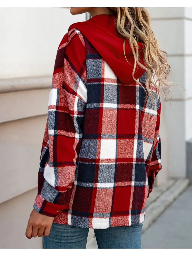 Red Plaid Button Front Hooded Shacket