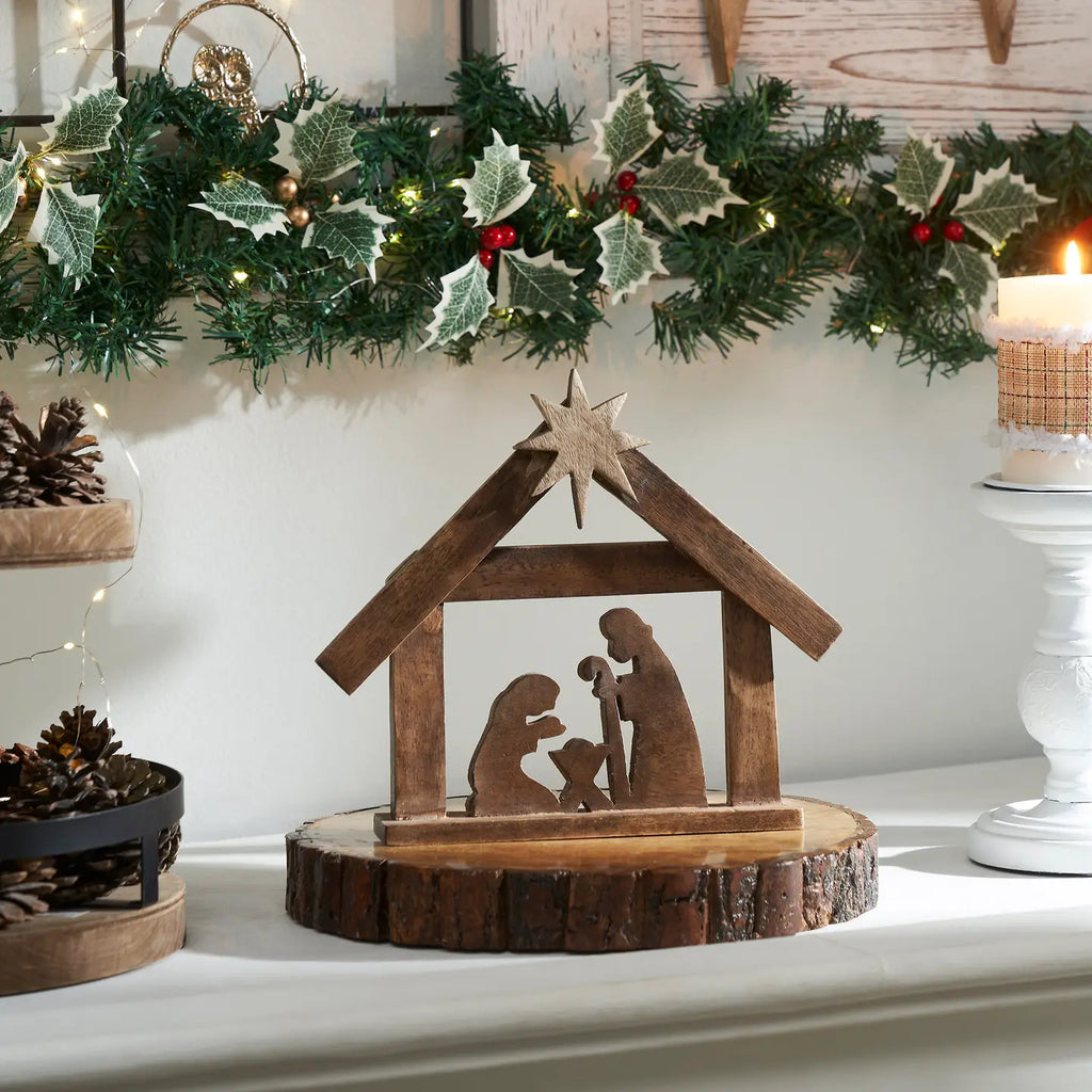 A Savior Is Born Dark Wooden Nativity Scene