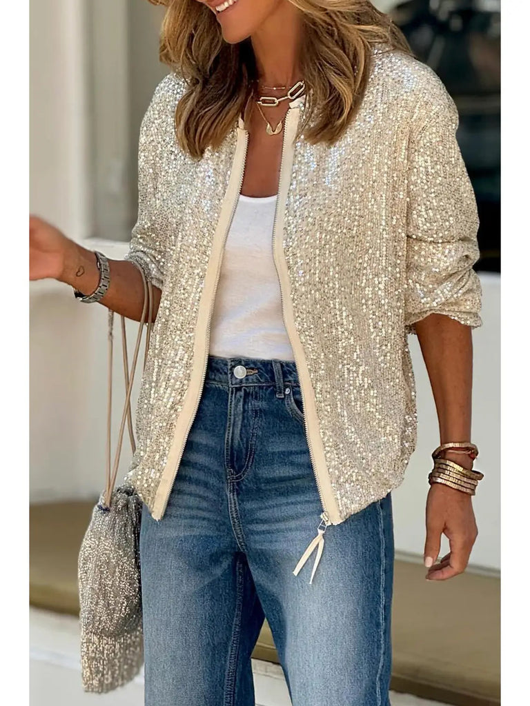 Sequin Round Neck Zipped Jacket