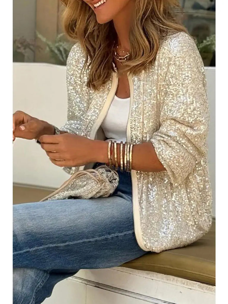 Sequin Round Neck Zipped Jacket