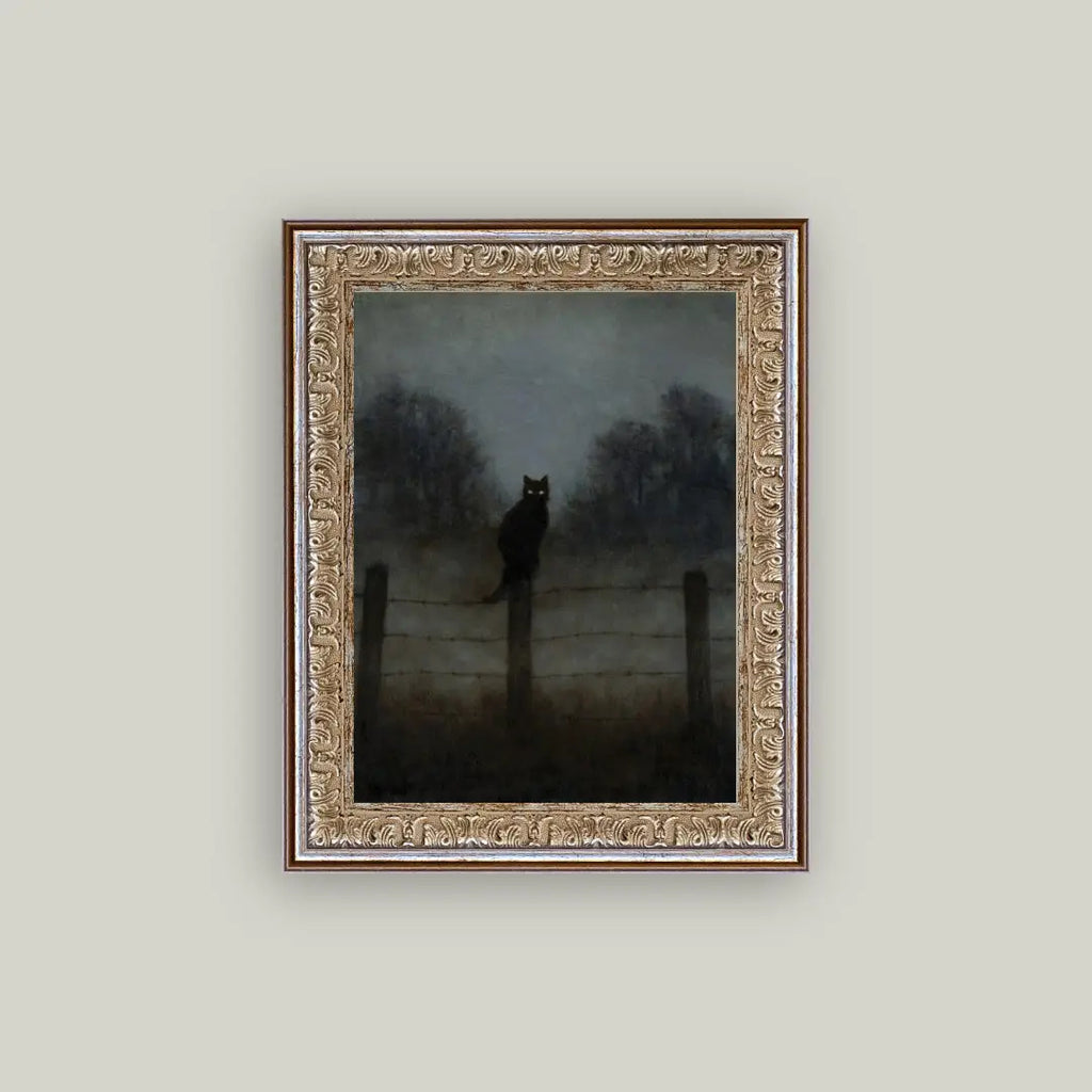Black Cat in Night Framed Antique Art