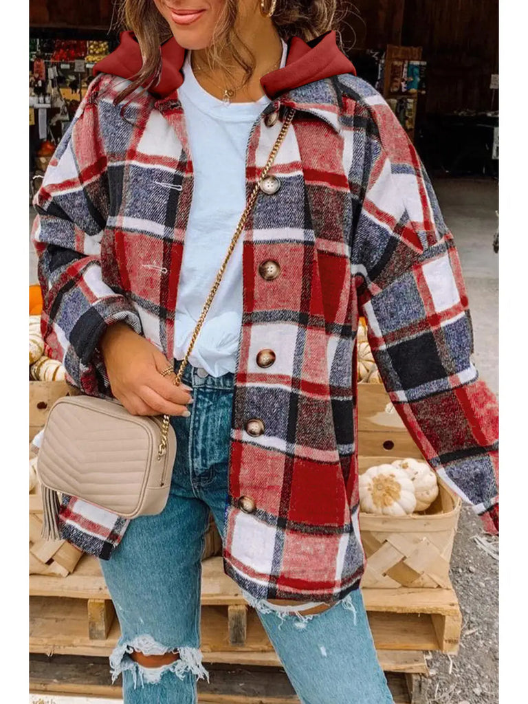 Red Plaid Button Front Hooded Shacket