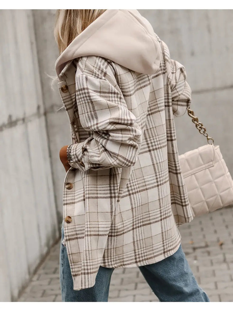 Khaki Plaid Removable Hood Buttoned Shacket