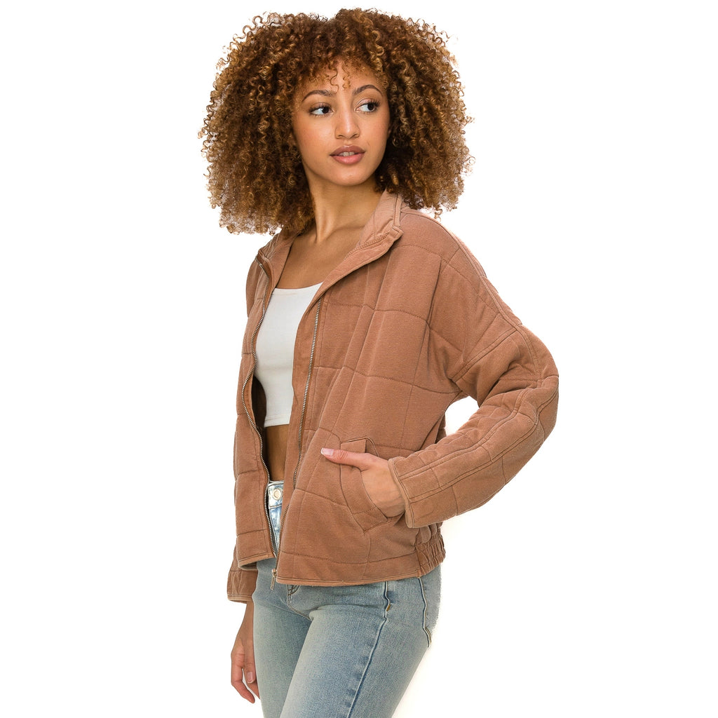 Quilted Front Zip Up Jacket - Terracotta